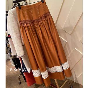 Women Elegant Lace-Accented 100% Silk Swirl Maxi Skirt with lace trim in size 4